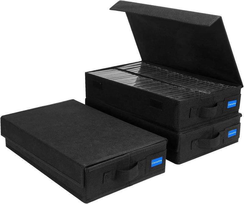 BOATISLE Cassette Tape Storage Box with Handles and Lid – Cassette Tape Holder and Organizer with External Label Slots, Stackable Cassette Storage Rack, 3Pack-Black - Image 1